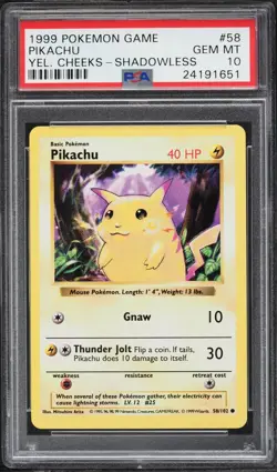 1999 Pokemon Base Set Shadowless Yellow Cheeks Pikachu #58 PSA 10 - Image 1