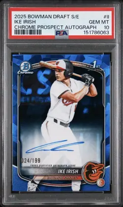 Ike Irish Chrome Prospect Auto /199 PSA 10 - 2025 Bowman Draft Sapphire Orioles - Image 1