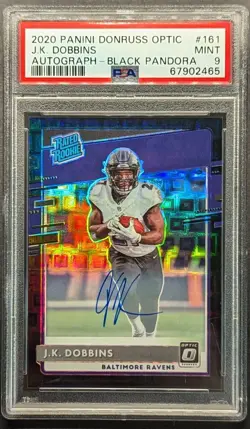 J.K. DOBBINS Rookie Auto 2020 Optic Black Pandora Holo Prizm PSA 9 Mint SP/25 RC - Image 1
