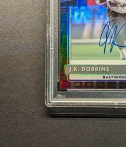 J.K. DOBBINS Rookie Auto 2020 Optic Black Pandora Holo Prizm PSA 9 Mint SP/25 RC - Image 4
