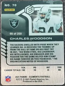 2021 Panini Elements CHARLES WOODSON Gold METAL CARD #’d 68/250 Raiders! - Image 2