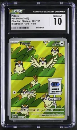 Pidgey 207/197 SV03: Obsidian Flames Illustration Rare Holo - CGC 10 GEM MINT - Image 1