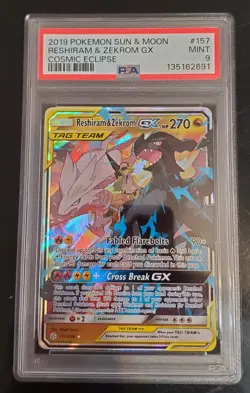 2019 Pokemon Sun & Moon Cosmic Eclipse Reshiram & Zekrom GX 157/236 PSA 9 Mint - Image 1