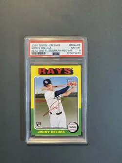 2024 Topps Heritage Jonny Deluca Real One Auto Red Ink 73/75 RC PSA 8 - Image 1