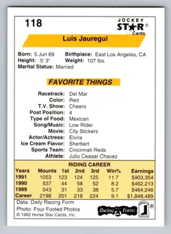 1992 Horse Jockey Star Trading Card signed Auto #118 Luis Jauregui hr138 - Image 2