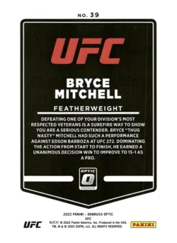 2022 Donruss Optic UFC #39 Bryce Mitchell Mma Card - Image 2