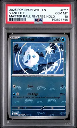 2025 Pokemon WHT EN-White Flare Master Ball Reverse Holo #027 Vanillite PSA 10 - Image 1