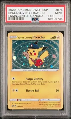 2020 POKEMON SWSH BSP SPCL DELIVERY PIKACHU PKMO CENTER CANADA HOLO #074 PSA 9 - Image 1