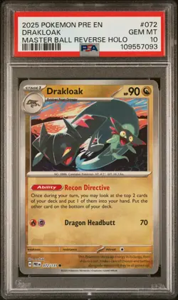 2025 Pokemon Drakloak Master Ball Reverse Prismatic Evolutions 072/108 PSA 10 - Image 1