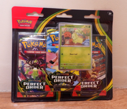 Pokemon TCG Mega Evolution Perfect Order Triple Pack Blister Chikorita Booster - Image 1