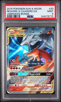 Reshiram & Charizard Gx Pokemon Sun & Moon Unbroken Bonds 20 NM PSA 9 - Image 1