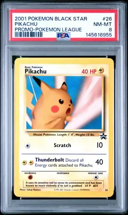 2001 POKEMON PROMO BLACK STAR POKEMON LEAGUE #26 PIKACHU PSA 8 - Image 1