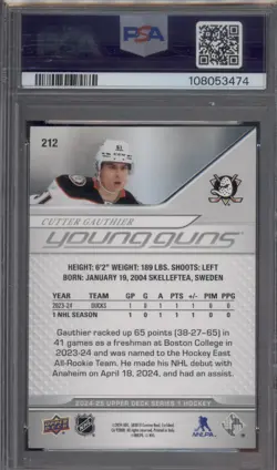 2024-25 Upper Deck Series 1 Cutter Gauthier Young Guns Rookie #212 RC PSA 10 - Image 2