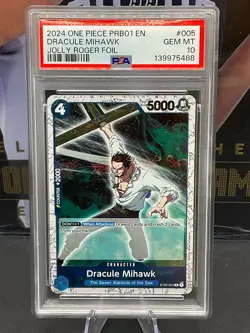 2024 One Piece PRB-01 EN #005 Dracule Mihawk Jolly Roger Foil PSA 10 GEM MINT - Image 1