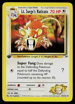 Pokemon Card - Lt. Surge's Raticate Gym Heroes 51/132 Uncommon 1st Edition - Image 1