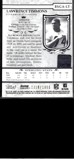 2007 Lawrence Timmons Rookie Card Bowman Sterling Steelers Auto Autograph - Image 2