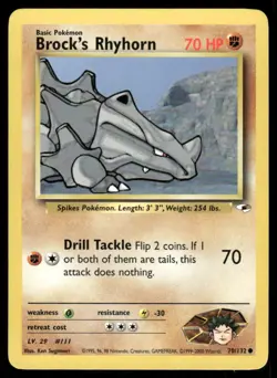 Pokemon Cards Brock's Rhyhorn 70/132 UNLIMITED Gym Heroes WOTC Common NM - Image 1