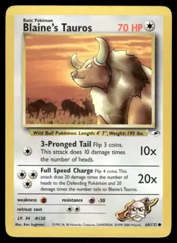 Pokemon Cards Blaine's Tauros 64/132 Unlimited Gym Heroes WOTC Common NM - Image 1