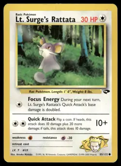 Pokemon Cards Lt. Surge's Rattata 85/132 Unlimited Gym Challenge WOTC Common LP - Image 1