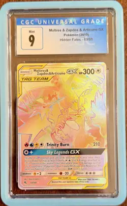 2019 Pokemon Sun Moon Moltres Zapdos Articuno GX Rainbow Hidden Fates CGC 9 Mint - Image 1