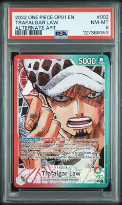 2022 ONE PIECE OP01-ROMANCE DAWN ALTERNATE ART #002 TRAFALGAR LAW PSA 8 - Image 1