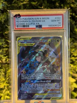 2019 POKEMON SUN & MOON COSMIC ECLIPSE #222 FULL ART/RESHIRAM & ZEKROM GX PSA 10 - Image 1