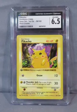 PIKACHU Pokemon 1999 Base Set 1st Ed Shadowless RED CHEEKS 58/102 CGC 6.5 Ex/NM+ - Image 1