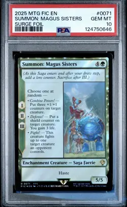 2025 MTG FINAL FANTASY COMMANDER SURGE FOIL #0071 SUMMON: MAGUS SISTERS PSA 10 - Image 1