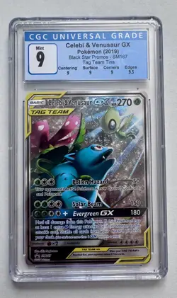 Pokemon Celebi & Venusaur GX Tag Team Tin Full Art Promo SM167 CGC 9 Mint - Image 1