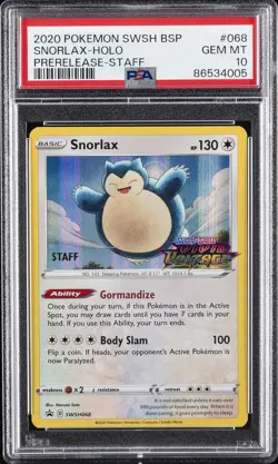 2020 POKEMON SWSH BLACK STAR PROMO PRERELEASE-STAFF #068 SNORLAX-HOLO PSA 10 - Image 1
