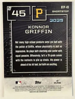 🔥 Konnor Griffin Aqua Refractor # /125 Top 100 #BTP-45 2025 Bowman Chrome RC SN - Image 2