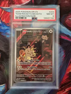 Pokemon Team Rocket's Meowth 203/182 Illustration Rare Holo Sv10 PSA 8 2025 - Image 1