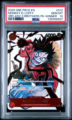2025 ONE PIECE 3RD ANNIVERSARY TOURNAMENT 3 BROTHERS #012 MONKEY D LUFFY PSA 10 - Image 1