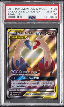 2019 POKEMON SUN & MOON TEAM UP #170 FULL ART/LATIAS & LATIOS GX PSA 10 - Image 1