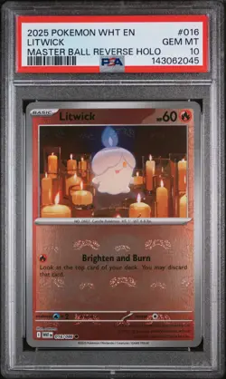 2025 Pokemon Wht En-White Flare #016 Litwick Master Ball Reverse Holo PSA 10 - Image 1
