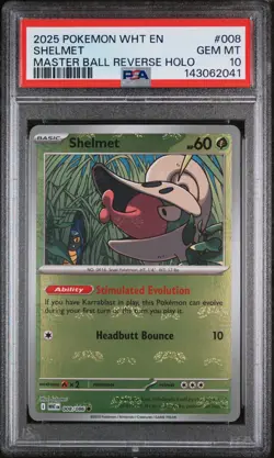 2025 Pokemon Wht En-White Flare #008 Shelmet Master Ball Reverse Holo PSA 10 - Image 1