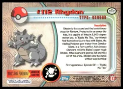 Topps Pokemon Rhydon #112 1999 TV Animation Edition Non Holo Blue Logo NM - Image 2