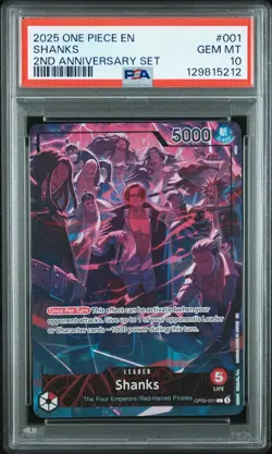 2025 ONE PIECE OP09 001 SHANKS ENGLISH 2ND ANNIVERSARY SET LEADER PROMO PSA 10 - Image 1