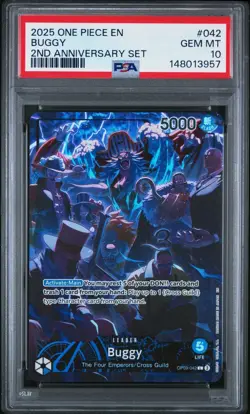 2025 ONE PIECE OP09 042 BUGGY ENGLISH 2ND ANNIVERSARY SET LEADER PROMO PSA 10 - Image 1