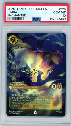 2025 DISNEY LORCANA EN 10-ENCHANTED #224 SIMBA - KING IN THE MAKING PSA 10 - Image 1