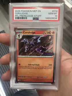 2025 POKEMON PHANTASMAL FLAMES PRERELEASE-STAFF PROMO #014 CERULEDGE PSA 10 - Image 1