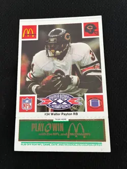 SUPER BOWL XX CHICAGO BEARS WALTER PAYTON GREEN MCDONALDS 1986 FOOTBALL CARD - Image 1