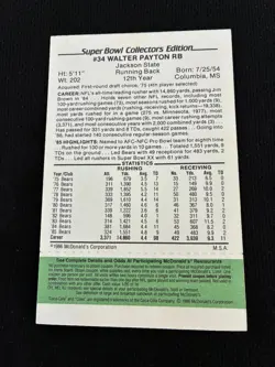 SUPER BOWL XX CHICAGO BEARS WALTER PAYTON GREEN MCDONALDS 1986 FOOTBALL CARD - Image 2