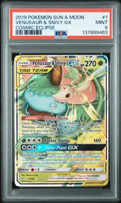 2019 POKEMON SUN & MOON COSMIC ECLIPSE #1 VENUSAUR & SNIVY GX PSA 9 - Image 1
