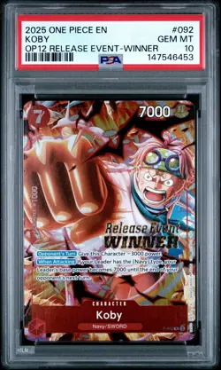2025 ONE PIECE PROMOS LEGACY OF THE MASTER RELEASE EVENT-WINNER #092 KOBY PSA 10 - Image 1