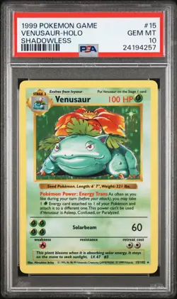 1999 Pokemon Base Set Shadowless Holo Venusaur #15 PSA 10 GEM MINT - Image 1