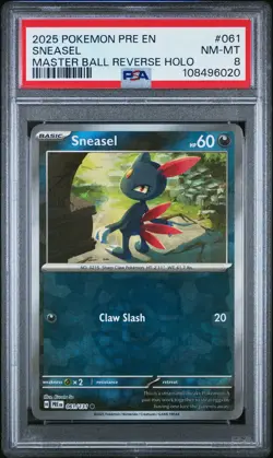 2025 Pokemon Prismatic Evolutions Sneasel #061 Master Ball Reverse Holo PSA 8 - Image 1