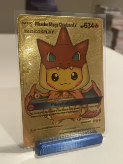 Pokemon TCG Basic Pikachu Mega Charizard Y Tag Cosplay HP 634 Gold Foil Fan Art - Image 1