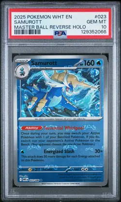 2025 POKEMON WHT EN-WHITE FLARE MASTER BALL REVERSE HOLO #023 SAMUROTT PSA 10 - Image 1