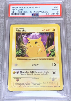 Pokemon Card Shadowless Pikachu Yellow Cheeks PSA 9 Mint, Base Set #58 WOTC 1999 - Image 1